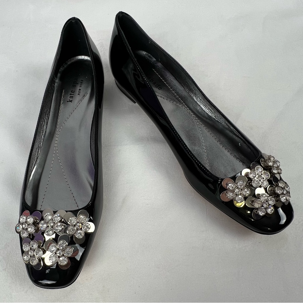 Kate Spade Black Patent Leather Flats W Silver Flowers Women’s 8.5 B, Made Italy